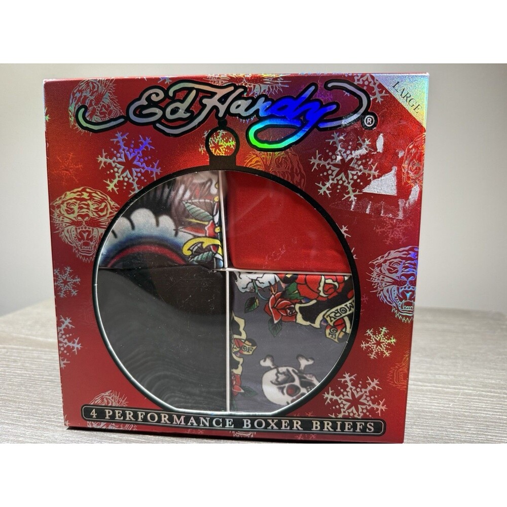 Ed Hardy Men's 4 Pack Performace Assorted Boxer Briefs Large